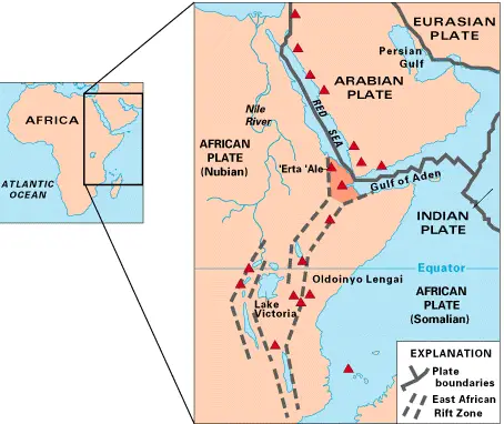 Map of East Africa showing some of the historically active volcanoes(red triangles) and the Afar Triangle