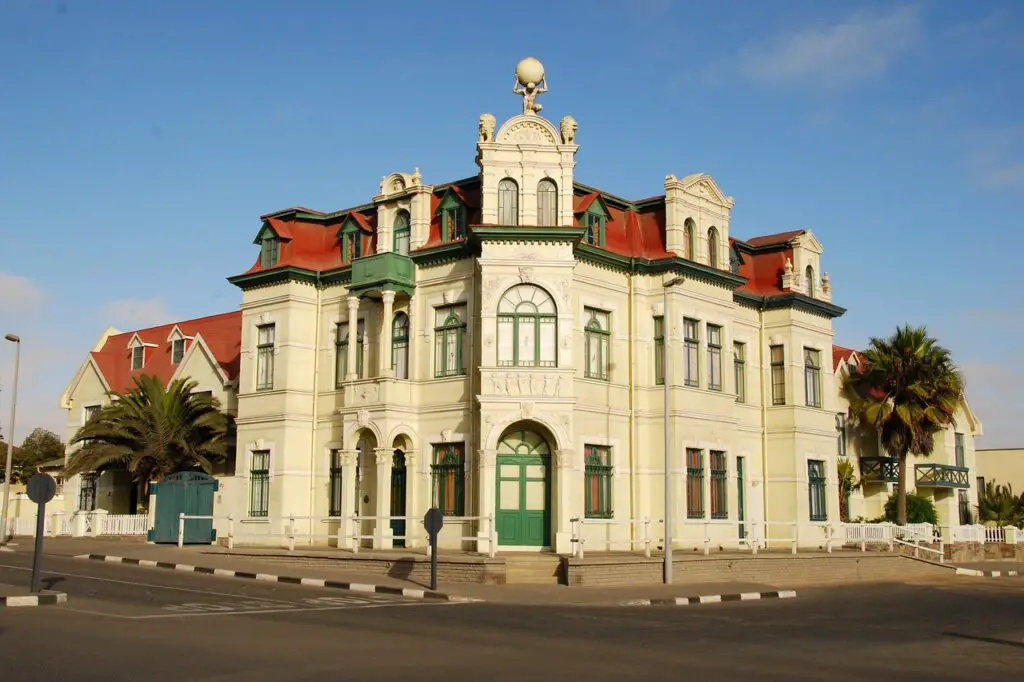 The architectural charm of Swakopmund encapsulated in a historical German colonial building, reflecting the town's coastal elegance.