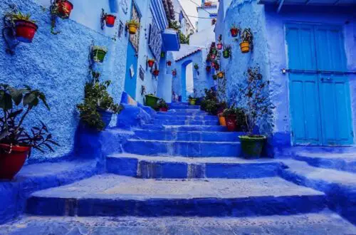 Chefchaouen's enchanting streets, where every corner unveils a canvas of vibrant blue hues.